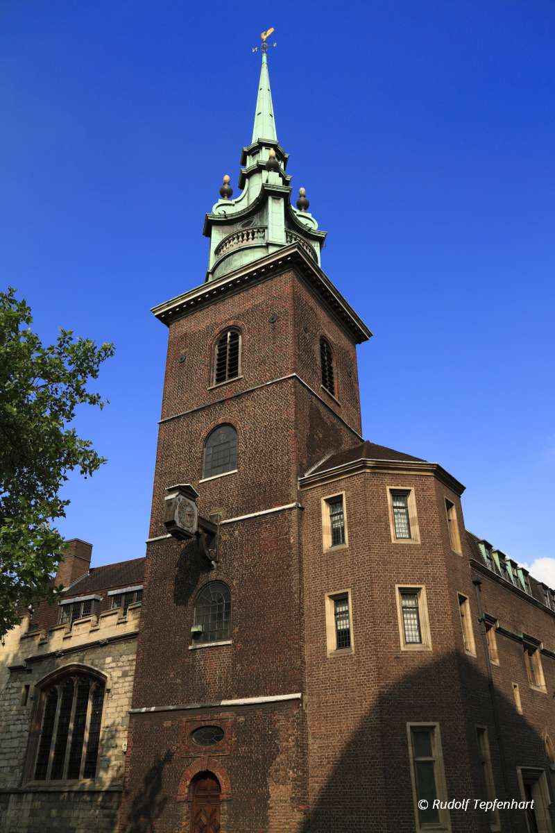 Looking up at All-Hallows-by-the-Tower in London