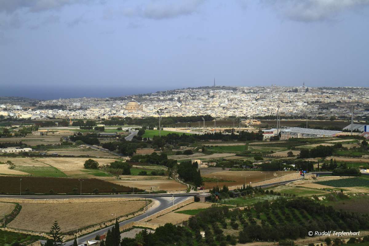 Sunny view of fields from tower of Mdina, Malta.