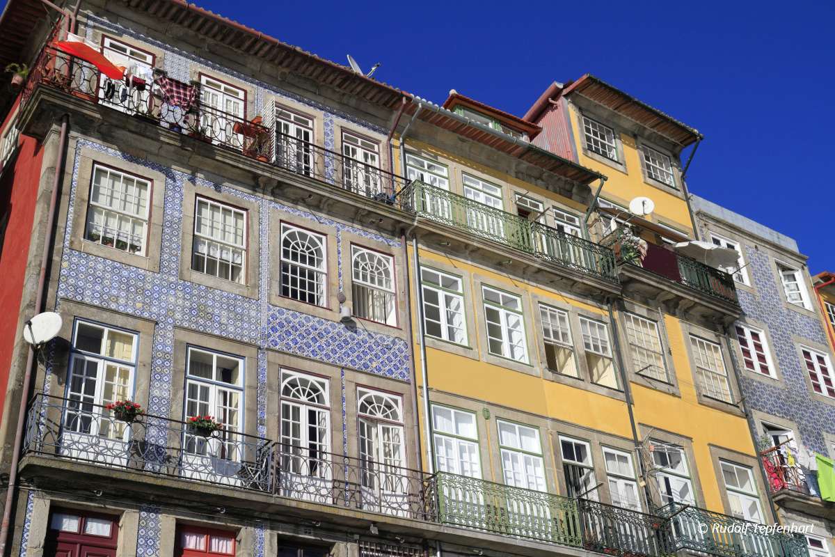Traditional facades, Colorful architecture in the Old Town of Po