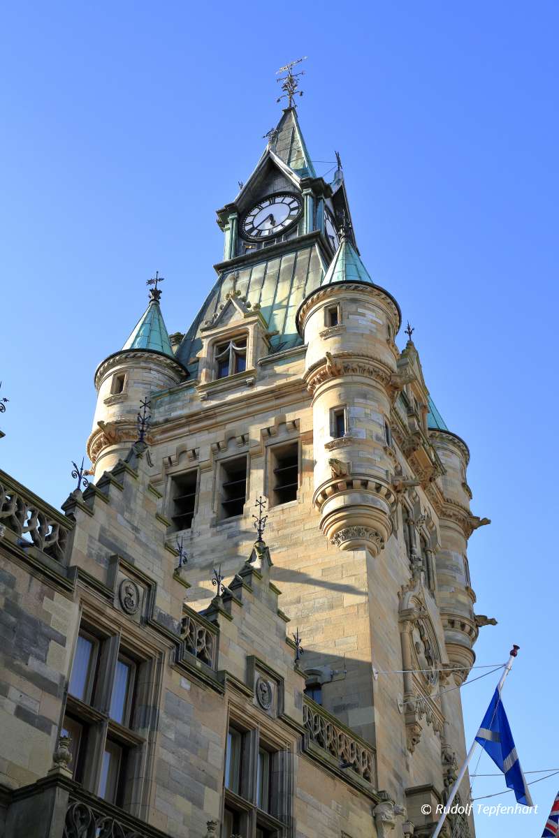Clock tower on town hall in Dunfermline, Scotland